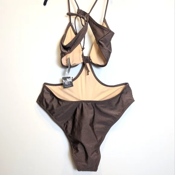 Cotton On Brown Cutout Knot Front Monokini Swimsuit Bathingsuit Size Large - Picture 4 of 8